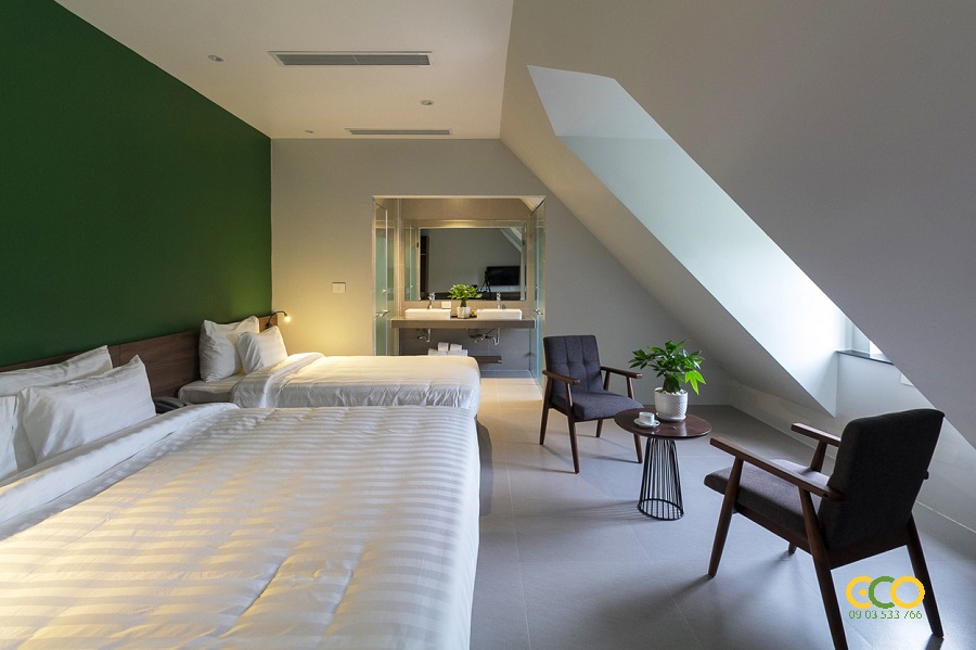 Không gian nội thất phòng nghỉ khách sạn đơn giản nhẹ nhàng 