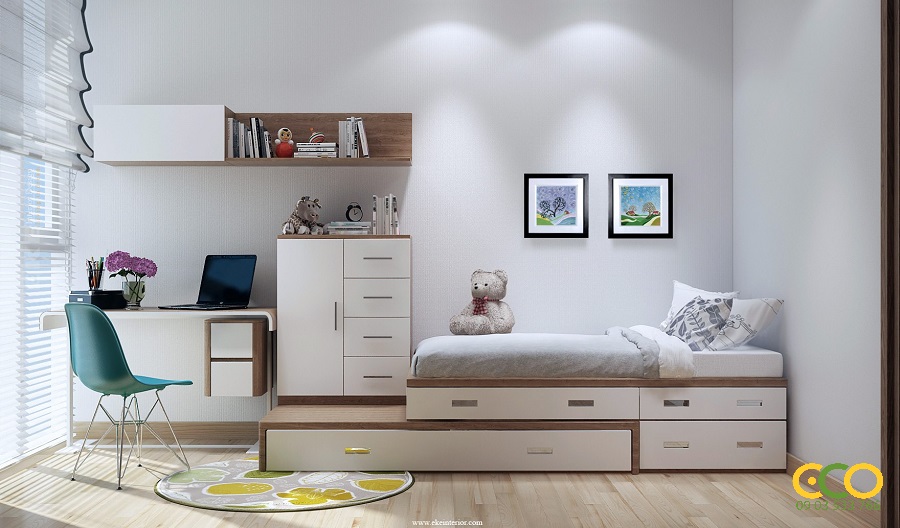 Thiết kế thi công nội thất phòng ngủ chung cư tiện ích, gọn đẹp