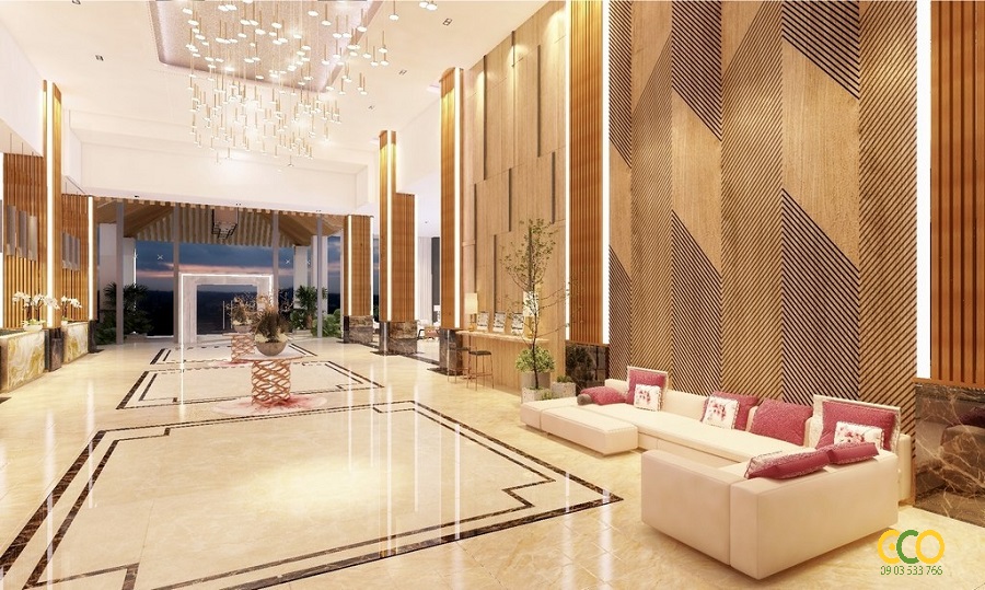 Thiết kế thi công nội thất sảnh khách sạn lớn sang trọng 